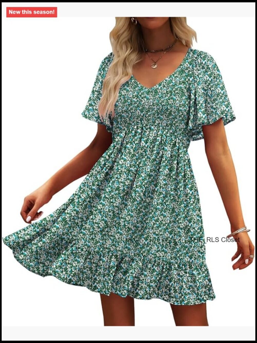 Floral Smocked V Neck Flutter Sleeve Sundress with Pockets